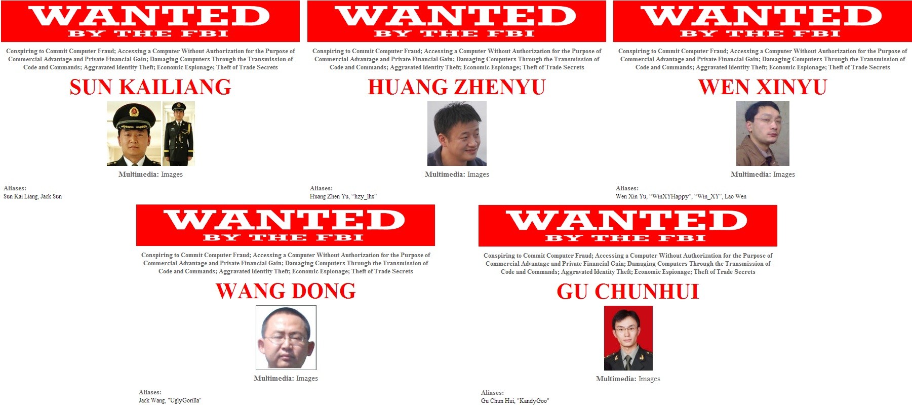 Pięciu Chińczyków poszukiwanych przez FBI za organizowanie ataków hakerskich – fot. FBI