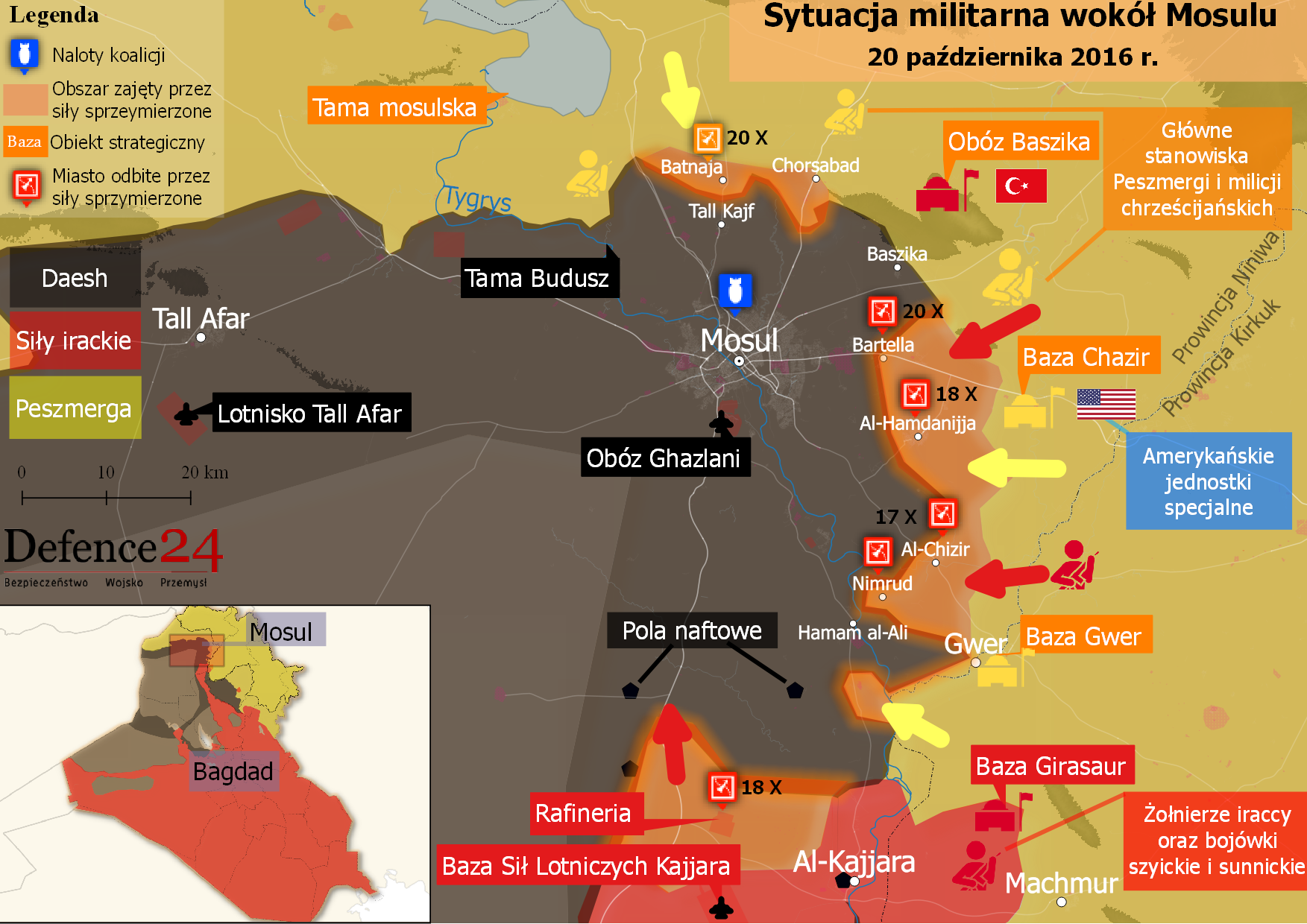 Sytuacja militarna wokół Mosulu - 20 października 2016r. Mapa: Defence24.pl