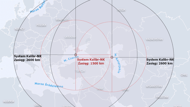 Ilustracja zasięgu rakiet systemu Kalibr-NK w wypadku rozmieszczenia na Morzu Czarnym i Morzu Kaspijskim. Promienie przedstawiają 1500 i 2600 km, gdyż podawane są rozbieżne dane. Mapa: Defence24.pl.