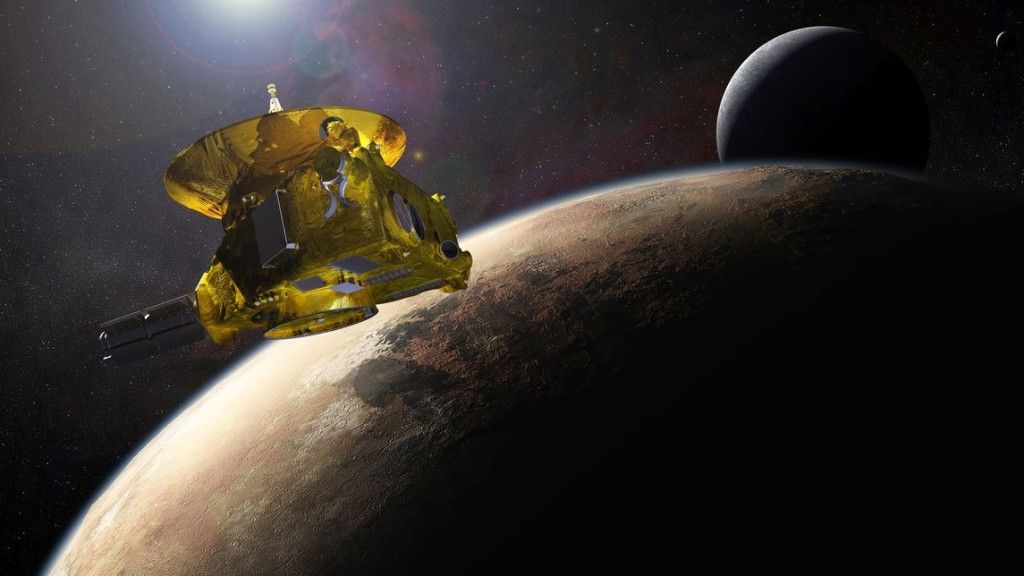 Artystyczna wizja sondy New Horizons mijającej Plutona i Charona. Ilustracja: NASA