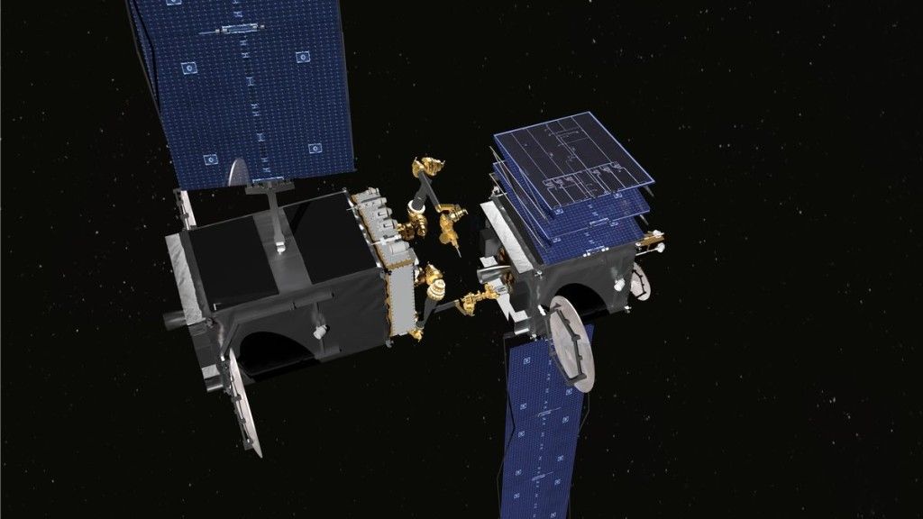 Artystyczna wizja satelity serwisowego Robotic Servicing of Geosynchronous Satellites (RSGS) w działaniu na orbicie. Ilustracja: DARPA