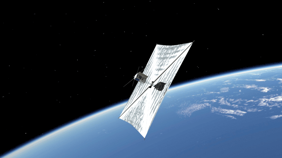 PW-Sat2 na orbicie z rozpostartym żaglem deorbitacyjnym, ilustracja: Maciej Świetlik, http://pw-sat.pl/