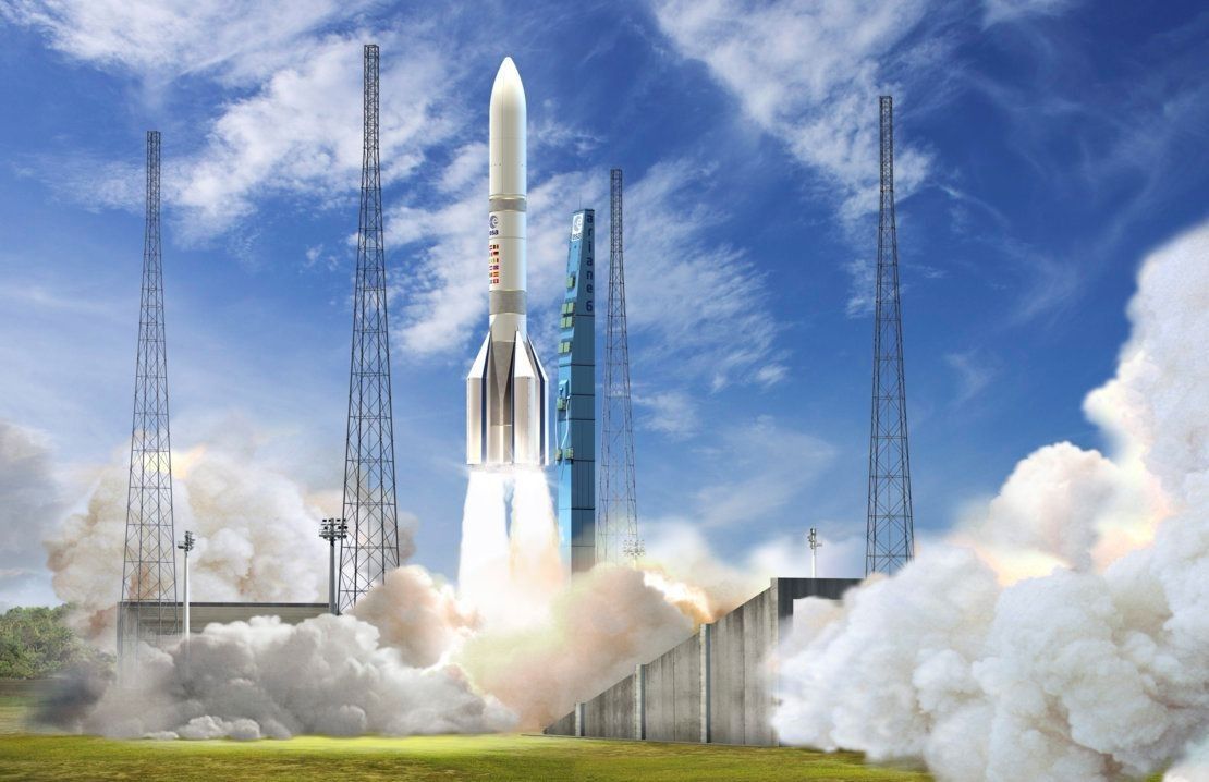 Artystyczna wizja startu rakiety Ariane 6 w wersji A64. Ilustracja: ESA –David Ducros, 2016