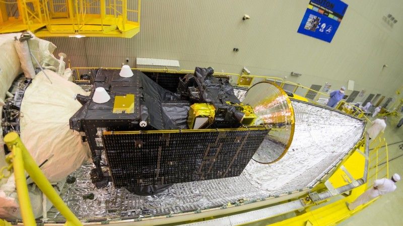 Trace Gas Orbiter probe, along with the Schiaparelli EDM lander, inside the Proton-M launch vehicle. Preparations for lift-off at the Bajkonur spaceport in Kazakhstan. Image Credit: ESA - B. Bethge