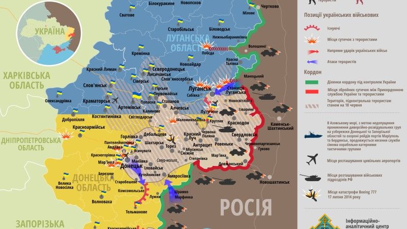 Sytuacja na Ukrainie w dniu 2 września. Siły prorosyjskie podjęły w ostatnich dniach działania ofensywne,  zajmując między innymi  Nowoazowsk. Fot. Rnbo.gov.ua.