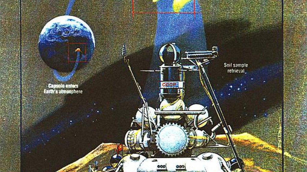 Rysunek przedstawiający radziecką sondę Łuna 24, która wylądowała na Księżycu w 1976 r.  Ilustracja: NASA