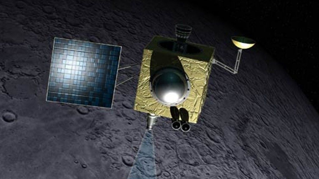 Artystyczna wizja sondy Chandrayaan-1 na orbicie wokół Księżyca. Ilustracja: ISRO