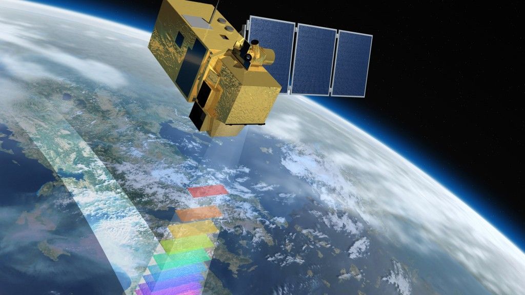 Artystyczna wizualizacja satelity Sentinel-2 na orbicie. Ilustracja: ESA