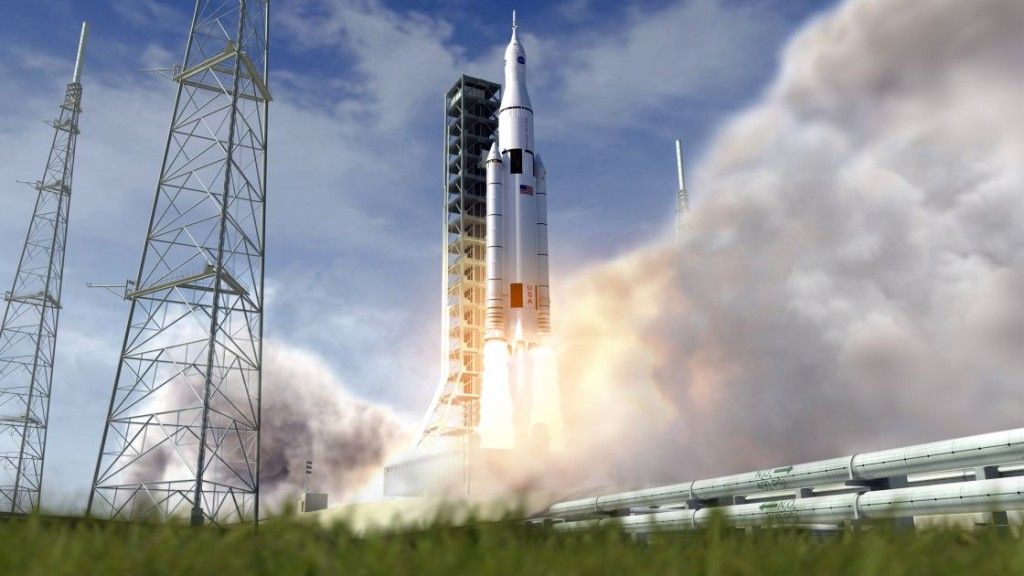 Artystyczna wizja startu rakiety nośnej SLS. Ilustracja: NASA