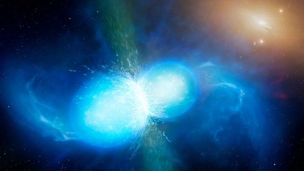 Artystyczna wizja zderzenia dwóch gwiazd neutronowych. Ilustracja: University of Warwick/Mark Garlick via eso.org