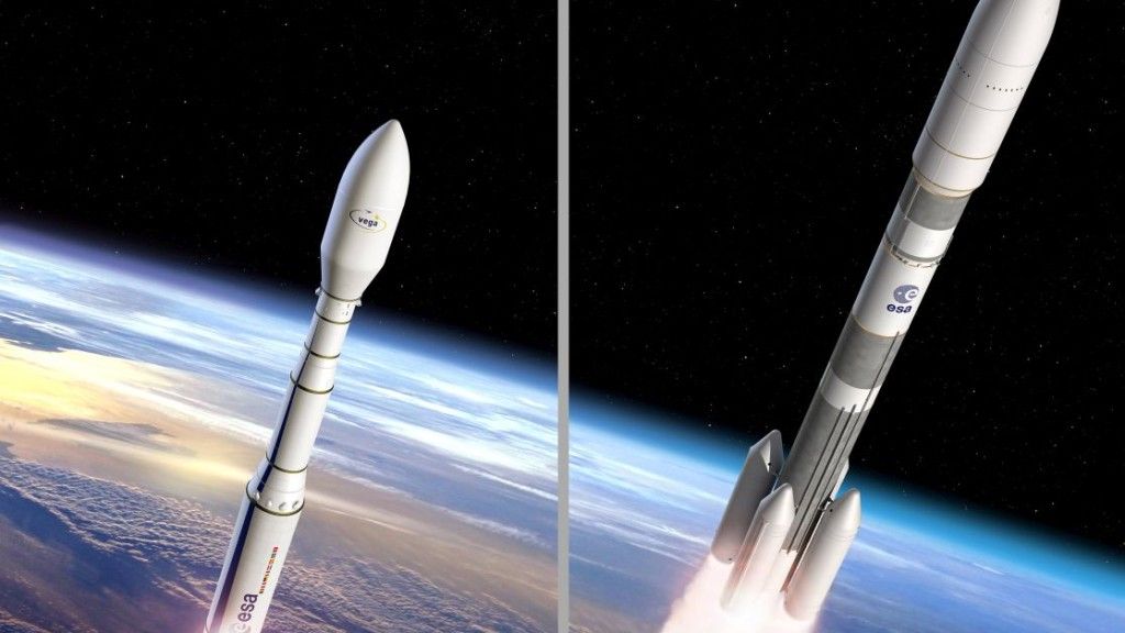 Artystyczne wyobrażenia rakiet Vega C i Ariane 6. Ilustracja: ESA–J. Huart and D. Ducros, 2015