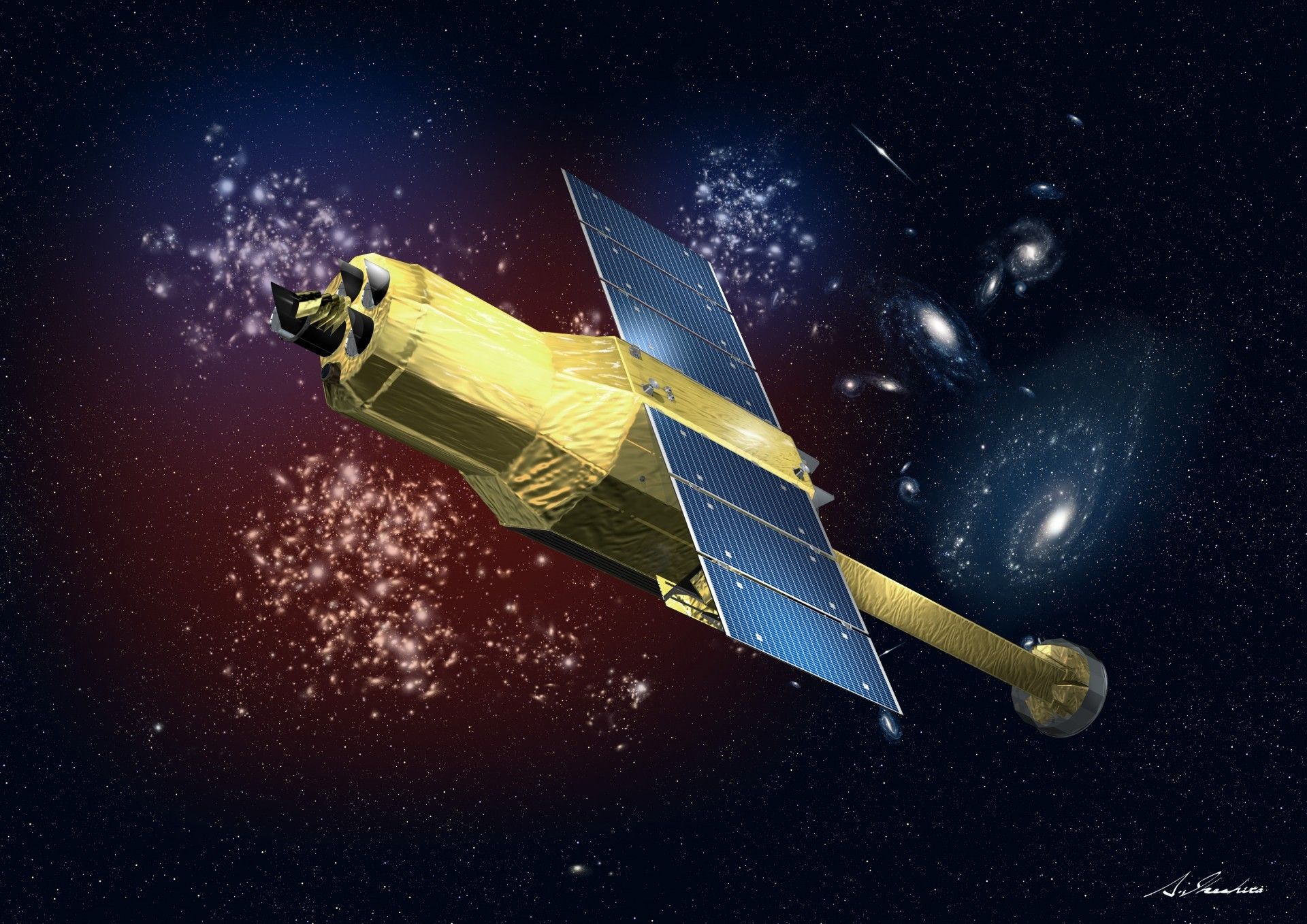 Graficzna koncepcja teleskopu kosmicznego ASTRO-H; Ilustracja: JAXA / astro-h.isas.jaxa.jp