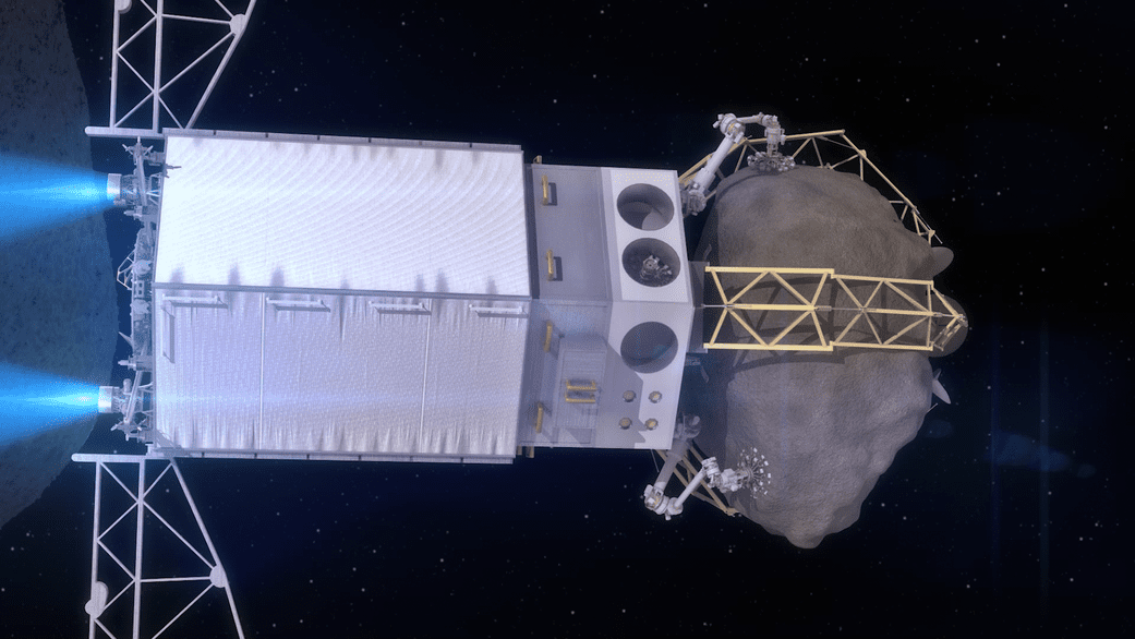 Projekt graficzny pojazdu kosmicznego ARRM transportującego odłamek materii skalnej pobranej z powierzchni asteroidy; Ilustracja: NASA /  nasa.gov