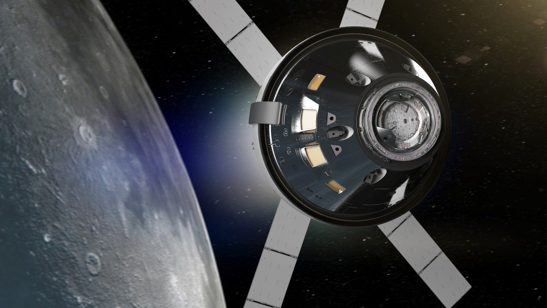Artystyczna wizja kapsuły Orion w pobliżu Księżyca. Ilustracja: NASA