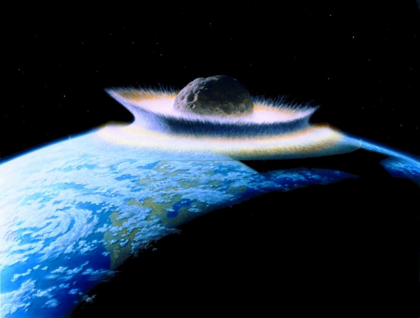 Artystyczna wizja uderzenia planetoidy w Ziemię. Ilustracja: Don Davis via Wikimedia Commons (domena publiczna)