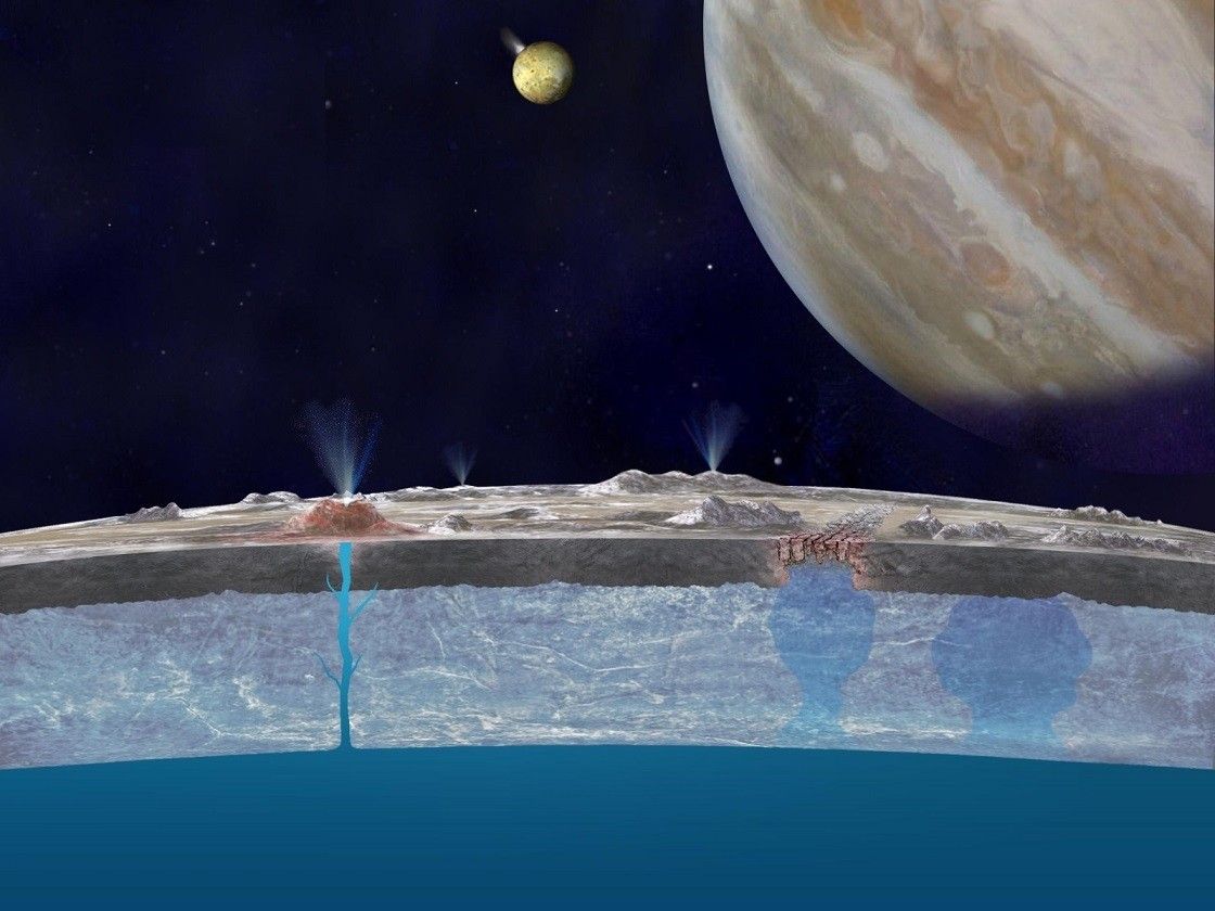 Koncepcja artystyczna przedstawiająca przekrój powierzchni księżyca Jowisza, Europy. Ilustracja: NASA / JPL-Caltech