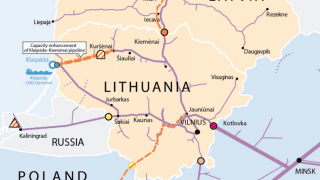 Na mapie zaznaczono postulowaną trasę Gazociągu Polska-Litwa. Fot. AmberGrid.lt