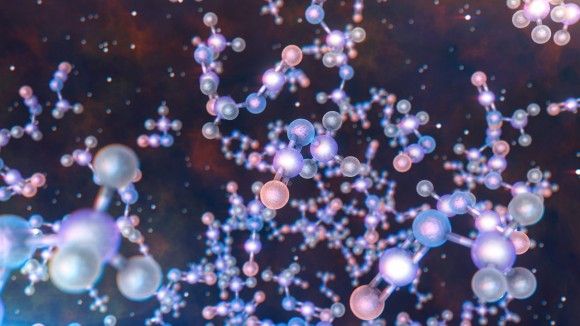 Artystyczna wizja odkrytych przez ALMA molekuł w dużym powiększeniu. Ilustracja: ESO/L. Calçada
