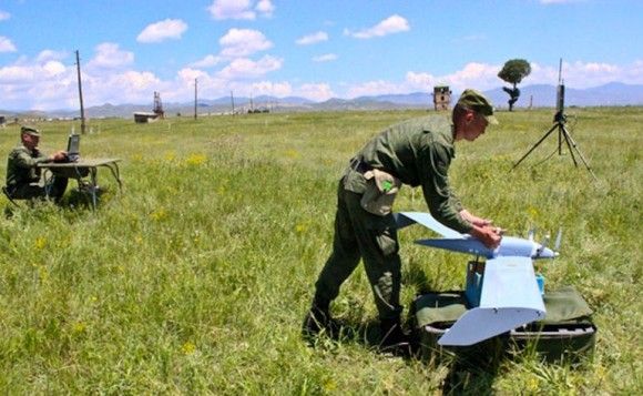 Unmanned Aerial Vehicles operators from Russian army run tests before flight. UAV systems will be used for assessing of combat readiness of Air Force personnel in Russian bases in Armenia. Photo by mil.ru