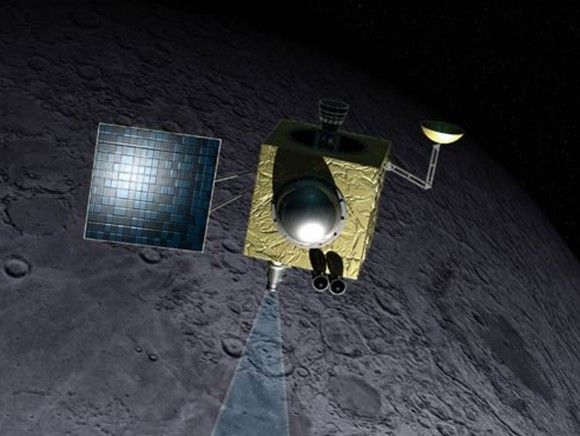 Artystyczna wizja sondy Chandrayaan-1 na orbicie wokół Księżyca. Ilustracja: ISRO