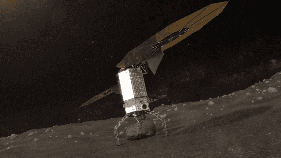 Wizualizacja przedstawiająca pojazd kosmiczny ARRM w trakcie pobierania materii skalnej z powierzchni asteroidy; Ilustracja: NASA / nasa.gov