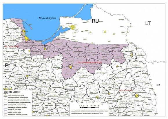 Mapa strefy przygranicznej na granicy polsko – rosyjskiej. W ramach małego ruchu granicznego polscy obywatele mogą poruszać się po Obwodzie Kaliningradzkim, za wyjątkiem stref wyłączonych. Ilustracja. Konsulat RP w Kaliningradzie.