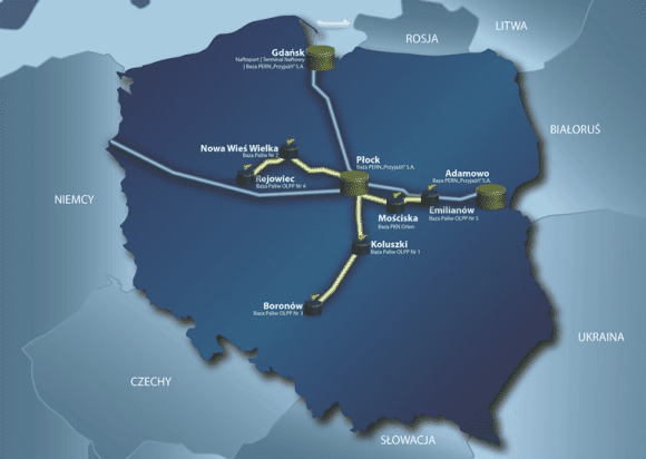 Na mapie widoczny jest polski odcinek ropociągu Przyjaźń pomiędzy Białorusią i Niemcami. Fot. PERN/materiały prasowe