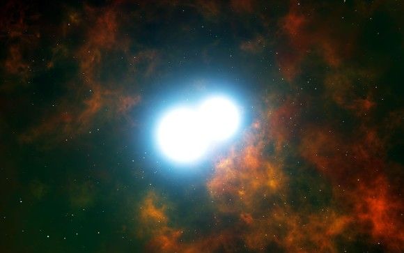 Artystyczna wizja wybuchu supernowej typu Ia po zderzeniu dwóch gwiazd białych karłów. Ilustracja: ESO