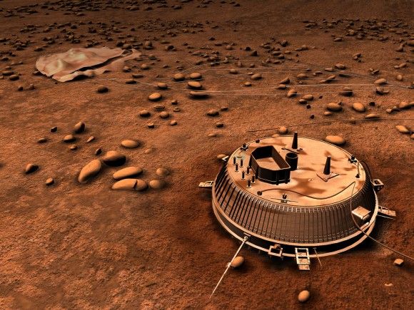 Lądownik Huygens na powierzchni Tytana. Ilustracja: ESA