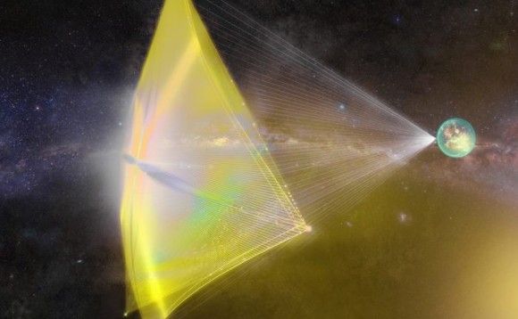 Formacja laserów do wywarcia ciśnienia na świetlny żagiel mogłaby powstać na pustyni w Chile. Ilustracja: breakthroughinitiatives.org
