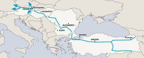 Postulowana trasa gazociągu Nabucco, który nie doczekał się realizacji. Miał nim być przesyłany kaspijski gaz dla Unii Europejskiej. Fot. Wikipedia