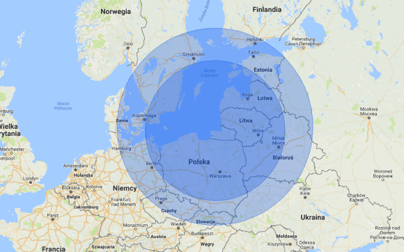 Maximum range of the Iskander-M missiles – 500 kilometres – smaller circle; 700 kilometres, larger circle. Image Credit: Google Maps/Defence24
