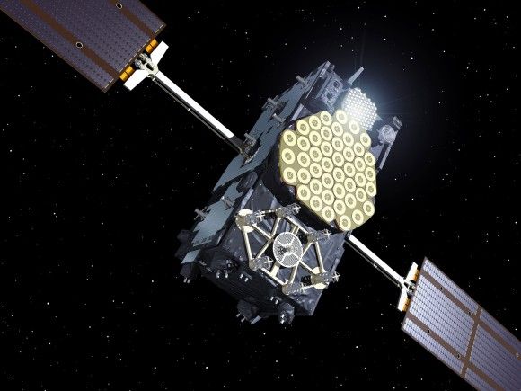 Wizualizacja komputerowa przedstawiająca satelitę nawigacyjnego systemu Galileo. Ilustracja: ESA / esa.int