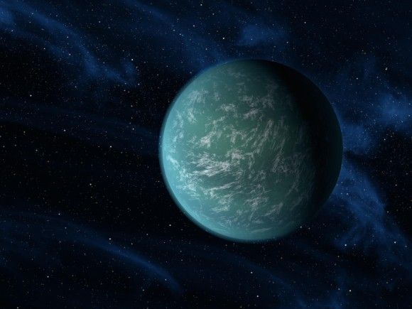 Artystyczna wizja planety Kepler-22b, potencjalnie pokrytej oceanem i krążącej w ekosferze wokół swojej gwiazdy. Ilustracja: NASA/Ames/JPL-Caltech
