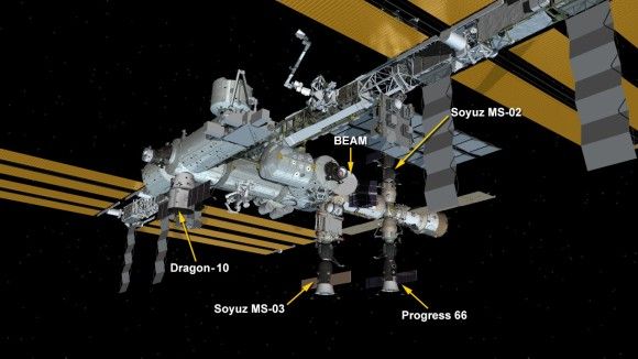 Rozmieszczenie statków Dragon CRS-10 i Progress MS-05 (Progress 66) przyłączonych do ISS. Ilustracja: NASA