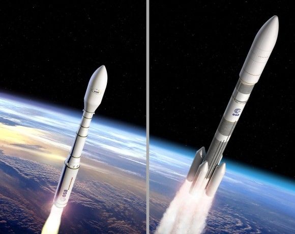 Artystyczne wyobrażenia rakiet Vega C i Ariane 6. Ilustracja: ESA–J. Huart and D. Ducros, 2015