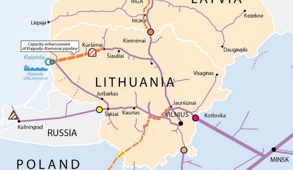 Na mapie zaznaczono postulowaną trasę Gazociągu Polska-Litwa. Fot. AmberGrid.lt