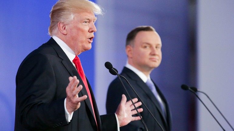 Donald Trump podczas wspólnej konferencji z prezydentem Andrzejem Dudą. Fot. Krzysztof Sitkowski/KPRP.