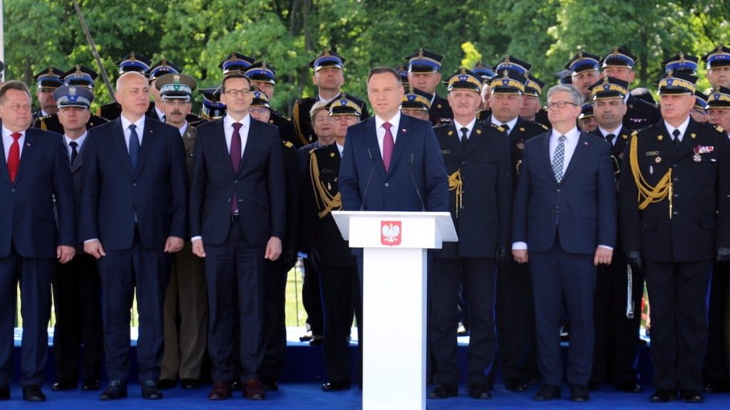 Prezydent Andrzej Duda podczas Centralnych Obchodów Dnia Strażaka 2018