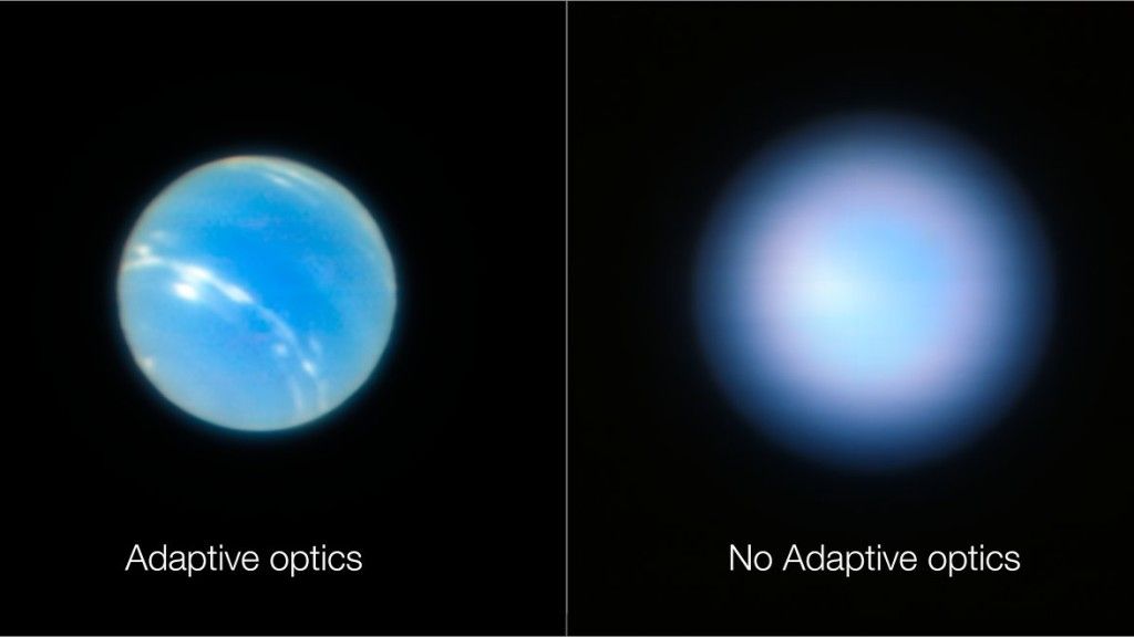 Obraz Neptuna z VLT z użyciem optyki adaptacyjnej (z lewej) i bez niej. Ilustracja: ESO/P. Weilbacher (AIP)