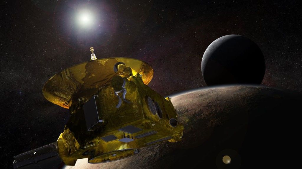 Artystyczna wizja sondy New Horizons w pobliżu Plutona i Charona. Ilustracja: NASA