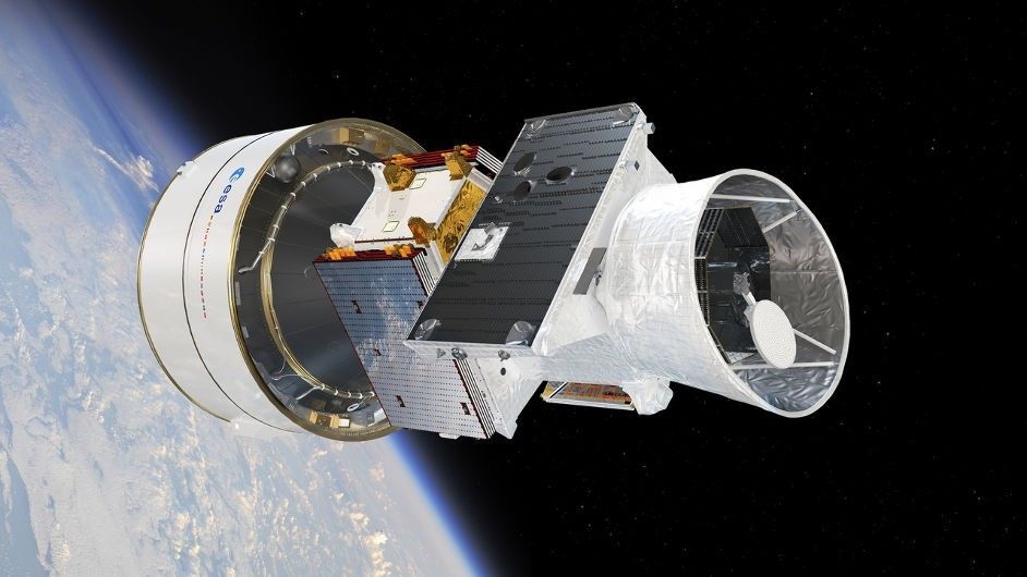 Artystyczne wyobrażenie początku misji BepiColombo (sondy przymocowane są do ostatniego stopnia rakiety nośnej Ariane 5). Ilustracja: ESA/ATG medialab