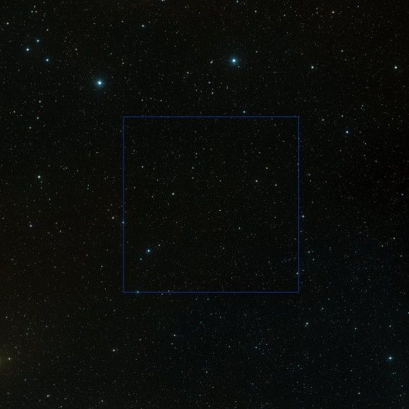  Szeroki widok na pole COSMOS w konstelacji Sekstansu. Źródło: ESO and Digitized Sky Survey 2. Acknowledgement: Davide De Martin.