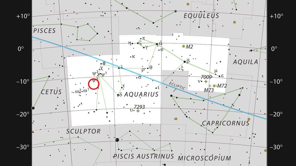 Położenie gromady galaktyk Abell 2597 w Gwiazdozbiorze Wodnika. Ilustracja: ESO, IAU and Sky & Telescope