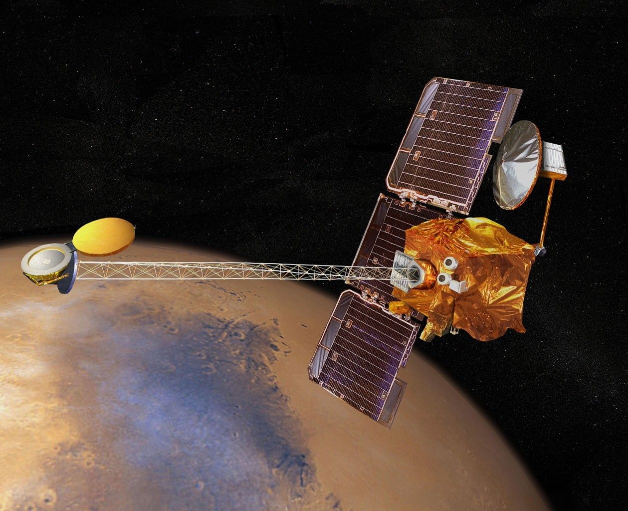 Artystyczna wizja sondy Mars Odyssey. Ilustracja: NASA/JPL