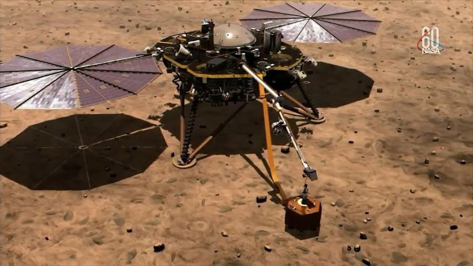 Artystyczna wizja wyposażonej w polski podsystem sondy NASA Insight na Marsie. Ilustracja: NASA