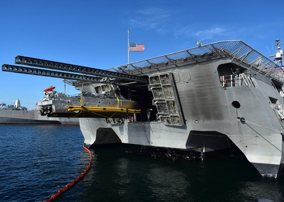 Próby systemu opuszczania przeciwminowego, bezzałogowego pojazdu nawodnego CUSV na trzykadłubowym okręcie do działań przybrzeżnych LCS USS „Independence” (LCS 2) w porcie San Diego. Fot. US Navy