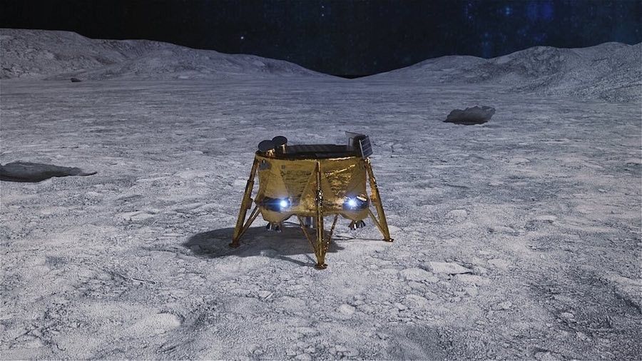 Artystyczna wizja lądownika Beresheet na powierzchni Księżyca. Ilustracja: SpaceIL