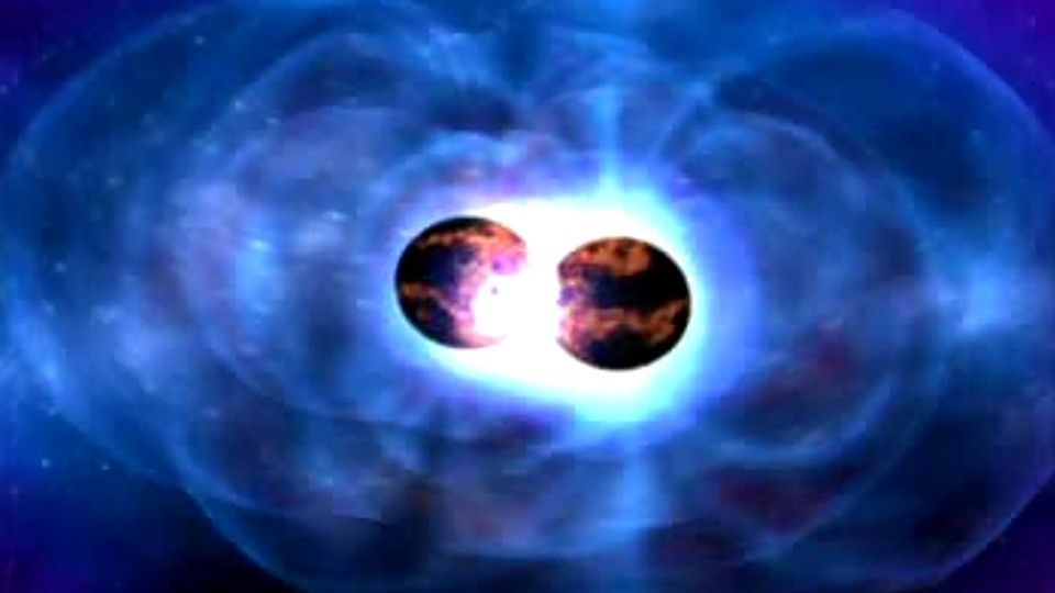 Artystyczna wizualizacja zderzenia dwóch gwiazd neutronowych. Źródło ilustracji: ligo.caltech.edu
