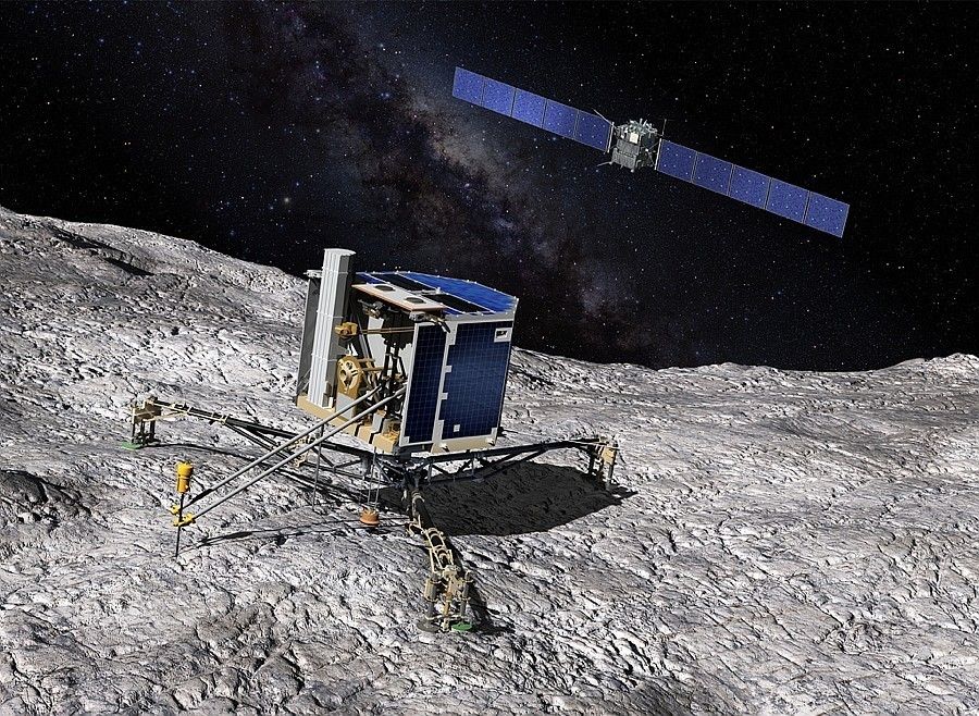 Artystyczna wizja wyposażonego w penetrator z CBK PAN próbnika Philae, lądownika sondy Rosetta, na komecie. Ilustracja: CNES / ill. D. Ducros
